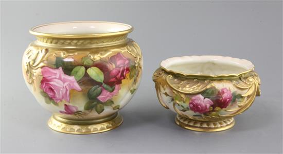 Two Royal Worcester pink rose painted bowls, date code for 1919, diameter 19.5cm and 18cm